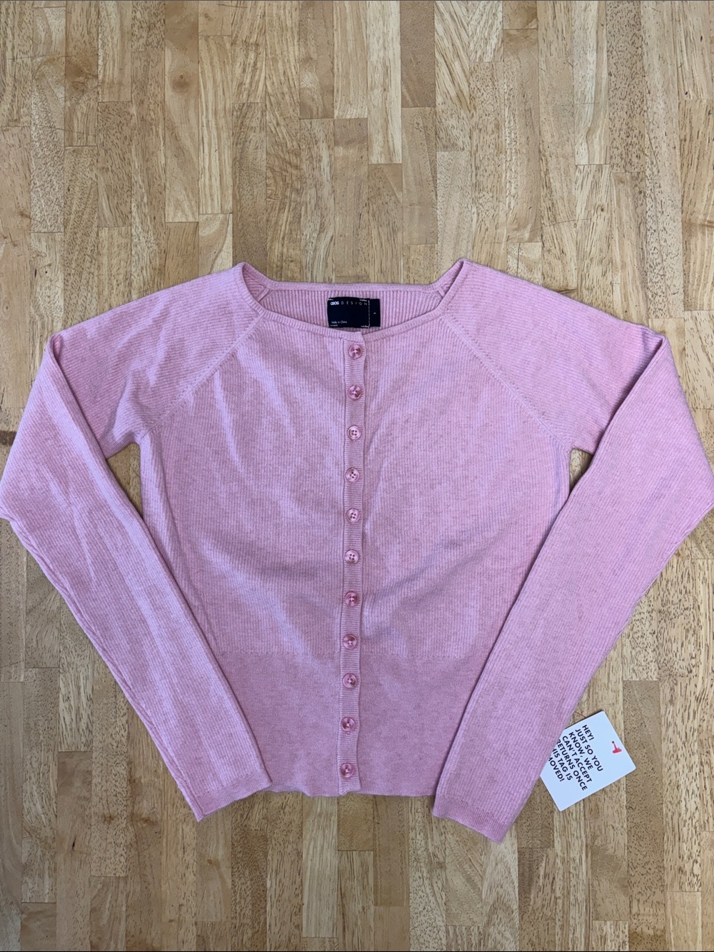 ASOS DESIGN Pink Fitted Ribbed Wide Scoop Neck Button Front Cardigan Sweater S